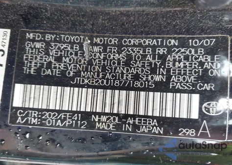 2008 Toyota Prius из США, поврежденный, VIN JTDKB20U187718015